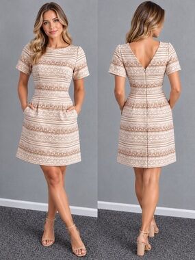 Vince Camuto Size 4 Cream/Gold Metallic Jacquard Geometric Sheath Dress Pockets